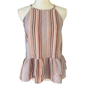 Alya Taupe Striped Ruffle Sleeveless Top Small